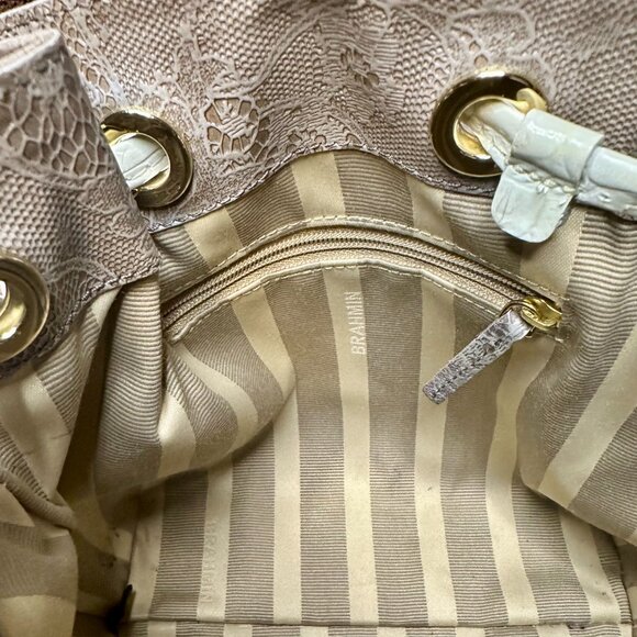 Brahmin Melinda Drawstring Floral Lace Bucket Bag Taupe Gray White Crossbody - Picture 11 of 16